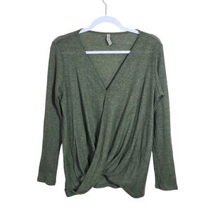 Olive Green Ribbed Knit Twist Front V-Neck Long Sleeve Top M Bojo Forest Fairy